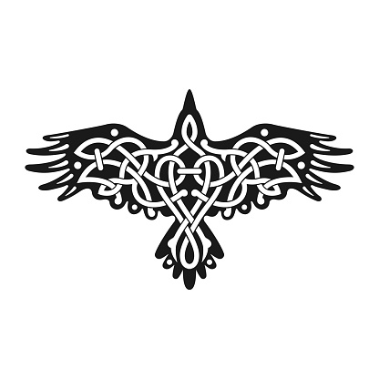Vector illustration of a Raven with open wings. Black tribal animals tatto, wisdom symbol. Traditional ancient Viking sacred pattern. Crow Norse soul. Sign of Celtics.