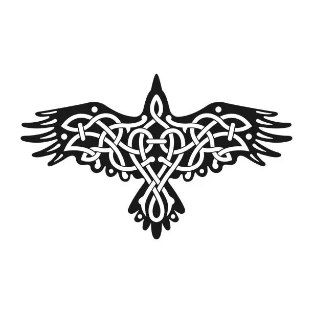 Vector illustration of Vector illustration of a Raven with open wings. Black tribal animals tatto, wisdom symbol. Traditional ancient Viking sacred pattern. Sign of Celtics. Crow Norse soul