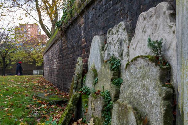Ancient overgrown tombstones and graves at churchyard garden on autumn morning. stock photo