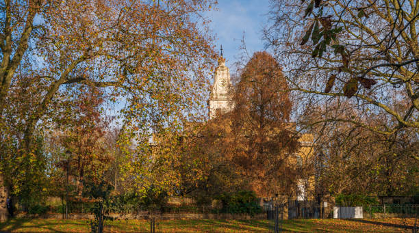 Grounds of St John at Hackney Church in London at autumn time. UK. stock photo