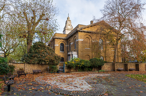 Grounds of St John at Hackney Church in London at autumn time. UK.
