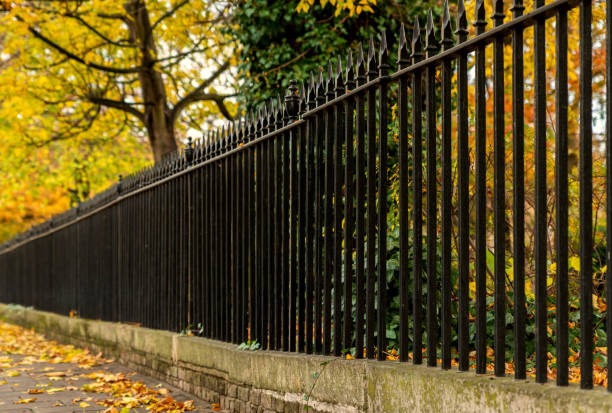 Decorative metal fence feature with color changing tree leaves in fall. stock photo