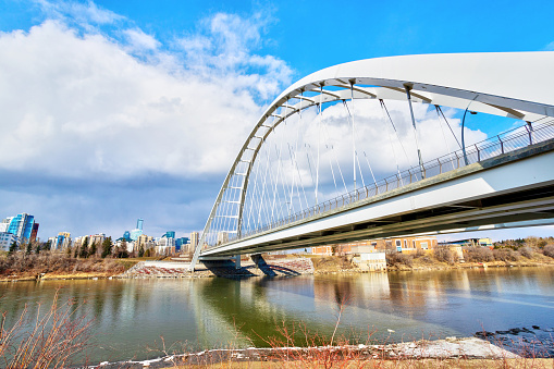 Iconic Walterdale Bridge across the Saskatchewan River leading to downtown Edmonton, Alberta, Canada.