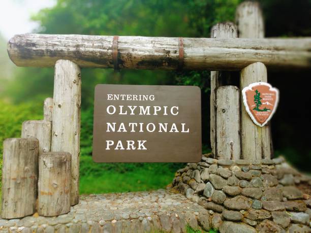 cartel de entrada al parque nacional olímpico - olympic national park fotografías e imágenes de stock