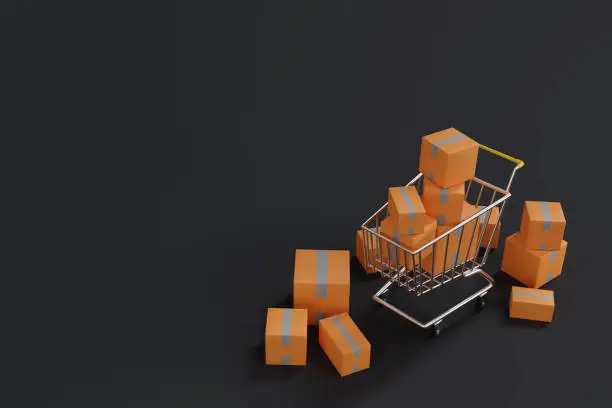 Photo of Shopping cart trolley with paper boxes parcel surrounded for shopping and supermarket concept. 3d rendering.