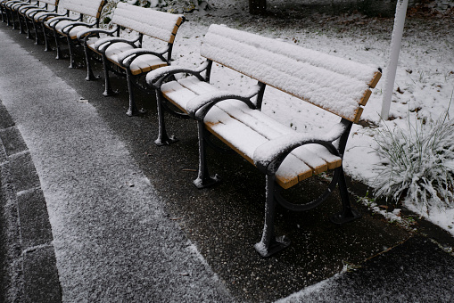 Winter benches covered with snow