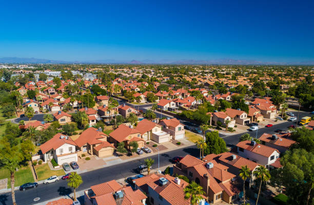 Houses in the Phoenix Area Aerial Aerial view of a residential area with houses in the Phoenix suburb of Chandler. chandler arizona stock pictures, royalty-free photos & images