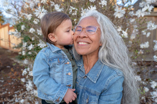 adorable niño pequeño dándole un beso a su abuela - toddler child nature friendship fotografías e imágenes de stock