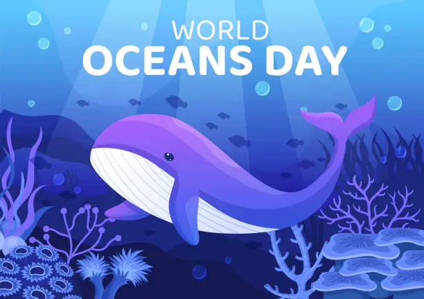Vector illustration of World Ocean Day Cartoon Illustration with Underwater Scenery, Various Fish Animals, Corals and Marine Plants Dedicated to Helping Protect or Preserve