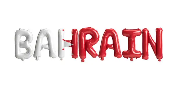 Photo of 3d illustration of Bahrain-letter balloons with flags color isolated on white