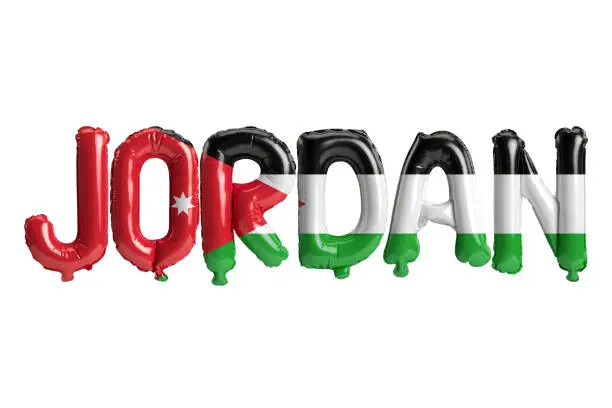 Photo of 3d illustration of Jordan-letter balloons with flags color isolated on white