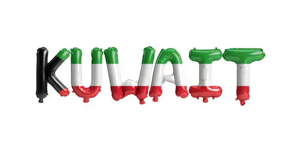 Photo of 3d illustration of Kuwait-letter balloons with flags color isolated on white