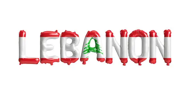 Photo of 3d illustration of Lebanon-letter balloons with flags color isolated on white