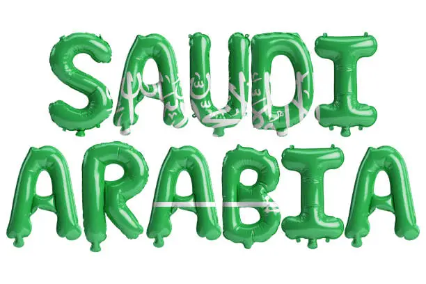 Photo of 3d illustration of Saudi Arabia-letter balloons with flags color isolated on white