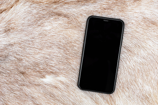 Black smartphone on fur. Top view. Copy space.