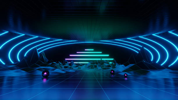 istock 3d abstract, geometric landscape background with polygonal structure, metaverse cyber space virtual reality, Podium show products, place for product, colored neon lights, retro sci-fi style 1393072037