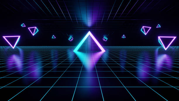 istock 3d abstract, geometric landscape background with polygonal structure, metaverse cyber space virtual reality, Podium show products, place for product, colored neon lights, retro sci-fi style 1393072049