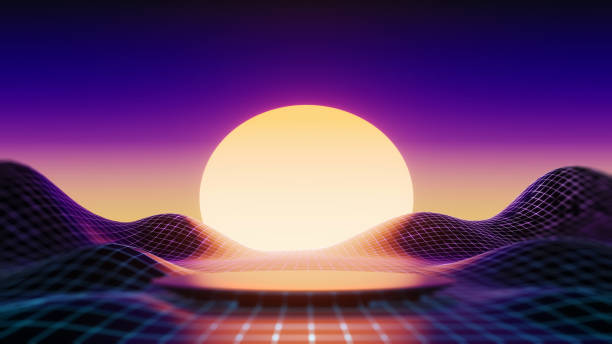 istock 3d abstract, geometric landscape background with polygonal structure, metaverse cyber space virtual reality, Podium show products, place for product, colored neon lights, retro sci-fi style 1393072574