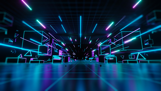 3d abstract, geometric landscape background with polygonal structure, metaverse cyber space virtual reality, Podium show products, place for product, colored neon lights, retro sci-fi style