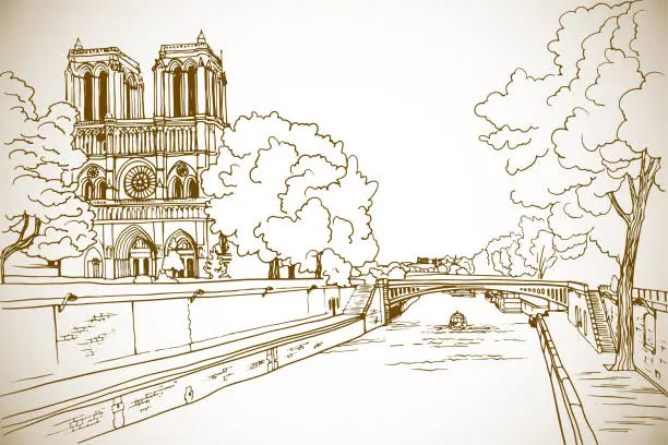 Vector illustration of Nice view of old Paris, Notre Dame de Paris and river Seine.