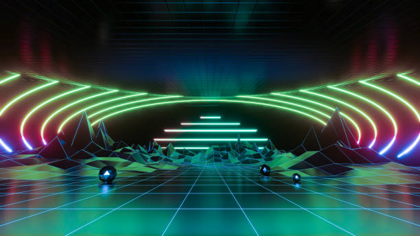istock 3d abstract, geometric landscape background with polygonal structure, metaverse cyber space virtual reality, Podium show products, place for product, colored neon lights, retro sci-fi style 1393072788