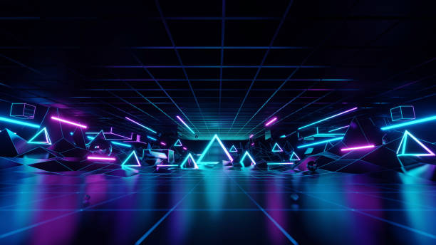 istock 3d abstract, geometric landscape background with polygonal structure, metaverse cyber space virtual reality, Podium show products, place for product, colored neon lights, retro sci-fi style 1393072800