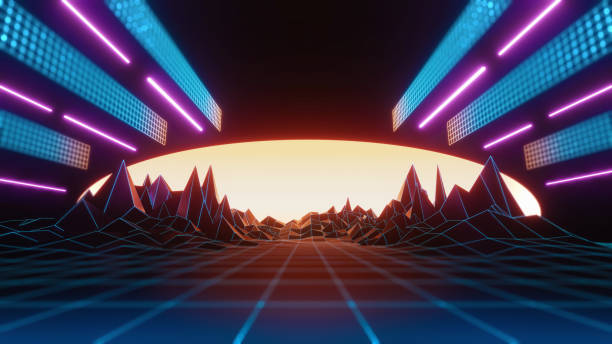 istock 3d abstract, geometric landscape background with polygonal structure, metaverse cyber space virtual reality, Podium show products, place for product, colored neon lights, retro sci-fi style 1393072848