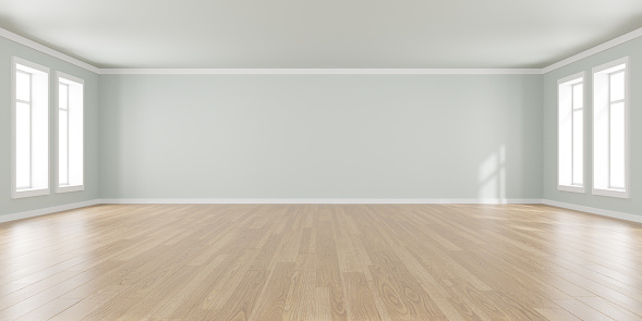 Representación 3d de habitación vacía blanca y piso de madera. Fondo interior contemporáneo. photo