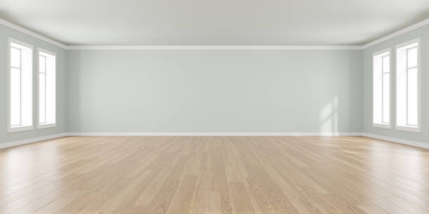 representación 3d de habitación vacía blanca y piso de madera. fondo interior contemporáneo. - vacio fotografías e imágenes de stock
