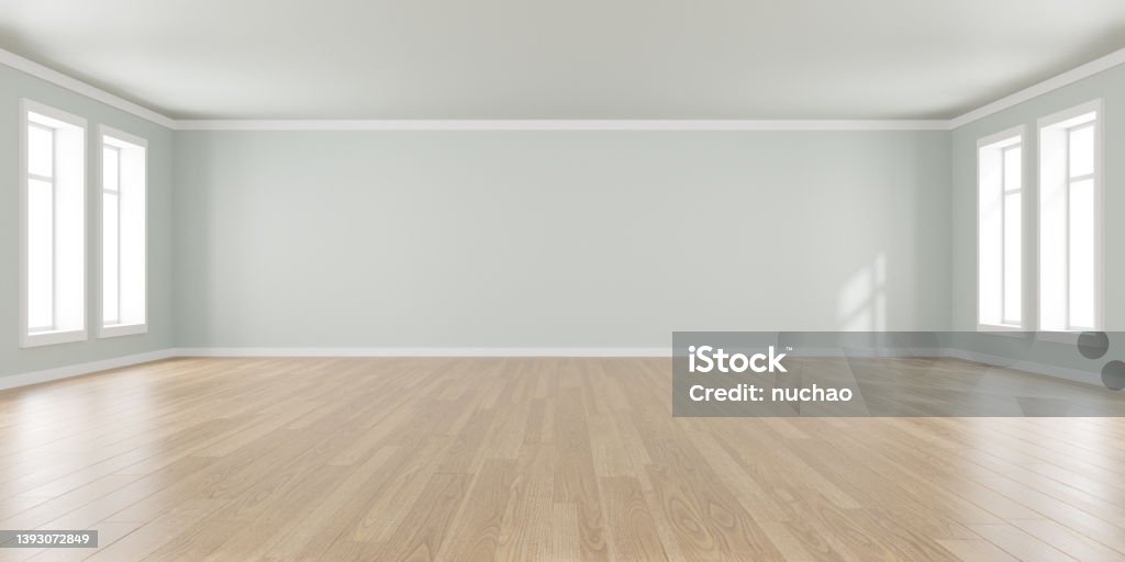 3d rendering of white empty room and wooden floor. Contemporary interior background. Flooring Stock Photo