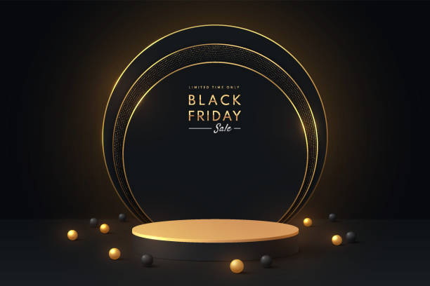 istock Realistic black and gold 3D cylinder pedestal podium with circle layers overlap scene. Luxury abstract background. Black friday products stage showcase, promotion display. Vector geometric forms. 1393072996