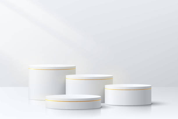 istock Realistic white and golden 3D cylinder pedestal podium set in clean abstract room. Luxury minimal wall scene for mockup products, Stage for showcase, promotion display. Vector geometric forms design. 1393074683