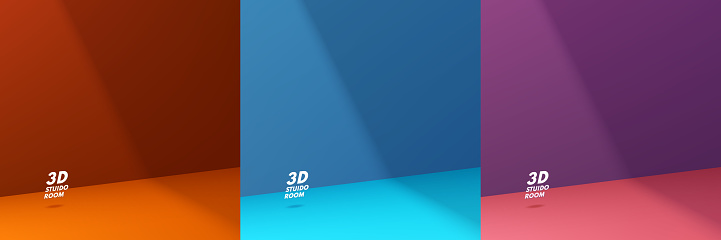 Set of trendy color 3D abstract room in shadow. Realistic blue, pink, purple and orange background for product display. Minimal wall scene for mockup products ,Stage for showcase, Promotion display.