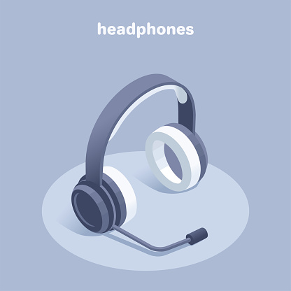 isometric vector illustration on a gray background, headphones with a microphone, online consultation and help