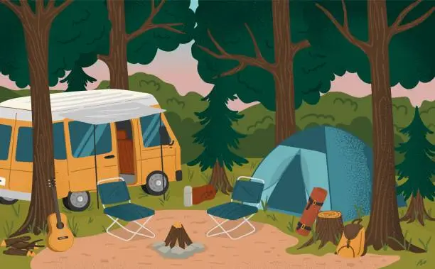 Vector illustration of Camping site with tent, bonfire and camper van. Summer camp vacation vector illustration. Forest landscape with camping equipment. Adventure, nature, campfire