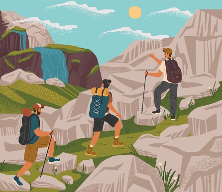 Couple with guide trekking in mountains. Travel adventure and hiking concept vector poster. People climb mountain. Man and woman with backpack in outdoor nature landcape