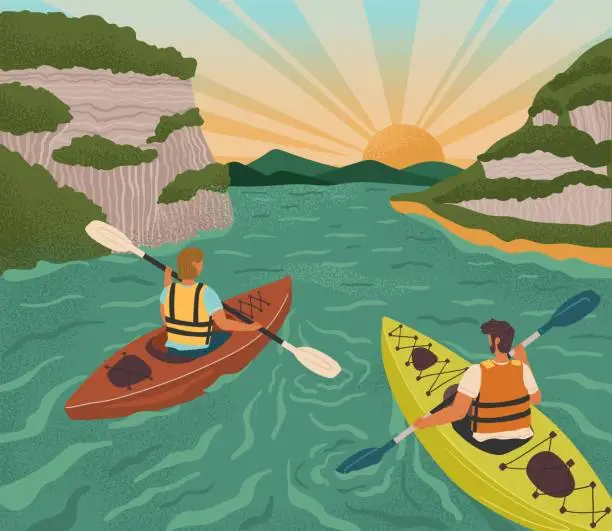 Vector illustration of Couple on kayak rowing down to river on sunset. Water adventure sport vector posters set. Man and woman rafting, kayaking, canoeing, holding paddles. Nature landcape