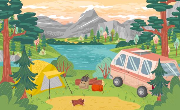 illustrazioni stock, clip art, cartoni animati e icone di tendenza di campeggio con tenda, falò e camper con paesaggio montano e lacustre sullo sfondo. illustrazione vettoriale per le vacanze del campo estivo. avventura, natura, falò - camping picnic mountain vector