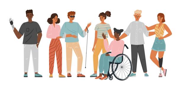 wolontariusze pomagający osobom niepełnosprawnym. różnorodność cocenpt ilustracja wektorowa. grupa osób ze specjalnymi potrzebami, wózek inwalidzki, proteza - accessibility stock illustrations