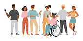 istock Volunteers helping people with disabilities. Diversity cocenpt vector illustration. Group of people with special needs, wheelchair, prosthesis 1393082349