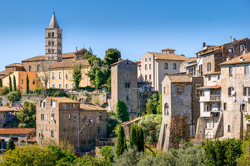 An idyllic skyline of the medieval heart of Viterbo, in central Italy, with the bell tower of the Cathedral of San Lorenzo (Saint Lawrence) and a glimpse of the village of San Pellegrino. The historic center of Viterbo, the largest in Europe with countless historic buildings, churches and villages, stands on the route of the ancient Via Francigena (French Route) which in medieval times connected the regions of France to Rome, up to the commercial ports of Puglia, in southern Italy, to reach the Holy Land through the Mediterranean. Located about 100 kilometers north of Rome, in the Lazio region, Viterbo is also known as the City of Popes because in the 13th century it was the seat of papal power for 24 years. Founded by the Etruscan civilization and recognized as a city in the year 852, Viterbo is characterized by its peperino stone and tuff constructions, materials abundantly present in this region of central Italy. Image in high definition format.