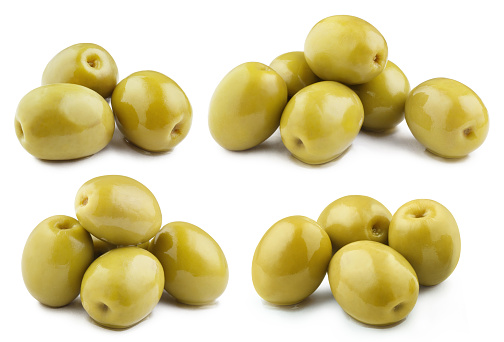 Collection of delicious green olives, isolated on white background