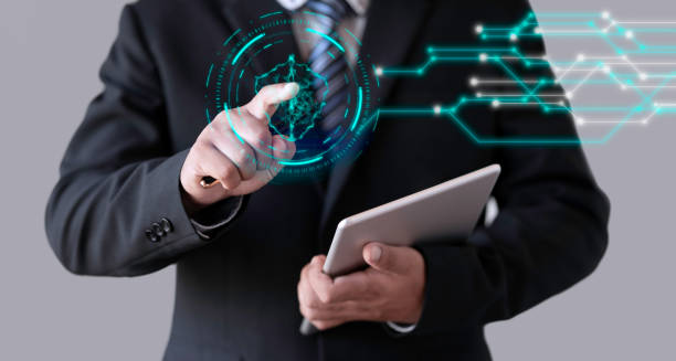 istock Business man touching info graphic lock 1393087335