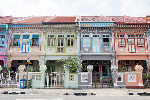 Singapore- Mar 26, 2020: Colorful Peranakan heritage residential house at Joo Chiat road in Singapore.