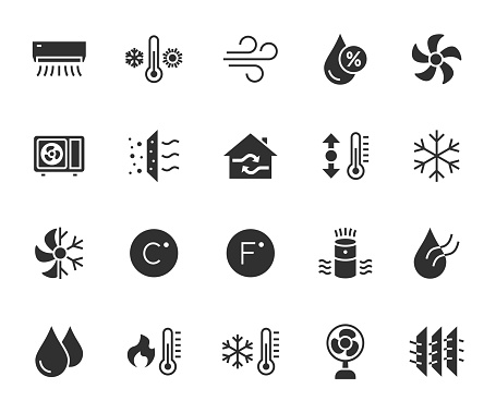 Vector set of air conditioning flat icons. Contains icons humidity, air, temperature, air filter, fan, air purifier and more. Pixel perfect.