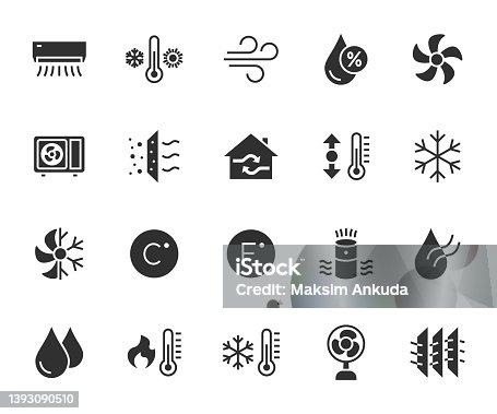 istock Vector set of air conditioning flat icons. Contains icons humidity, air, temperature, air filter, fan, air purifier and more. Pixel perfect. 1393090510