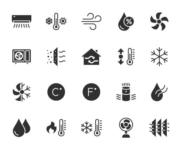 Vector set of air conditioning flat icons. Contains icons humidity, air, temperature, air filter, fan, air purifier and more. Pixel perfect. Vector set of air conditioning flat icons. Contains icons humidity, air, temperature, air filter, fan, air purifier and more. Pixel perfect. climate stock illustrations