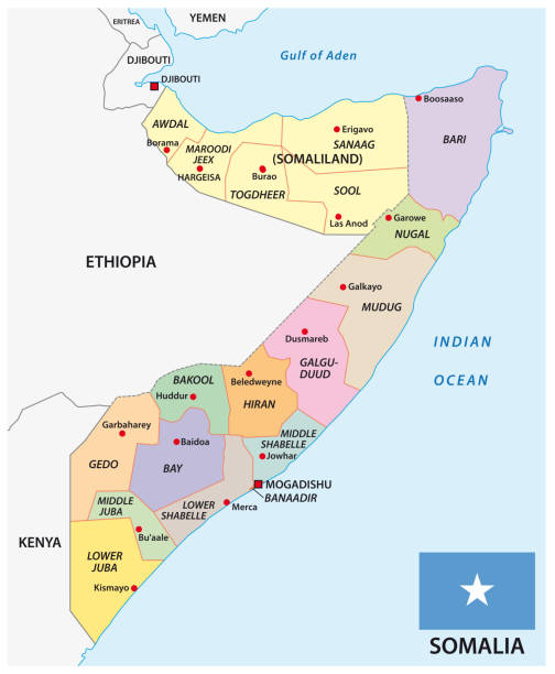 administracyjna mapa wektorowa wschodnioafrykańskiego kraju somalii - state of eritrea stock illustrations