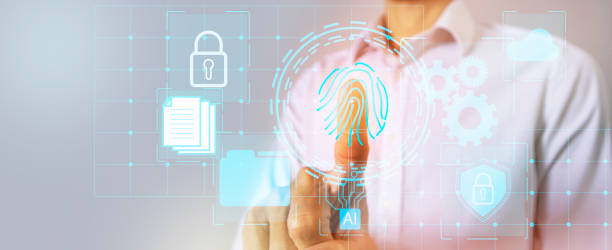 istock finger scan,Unlocking the system to access information to work safely,Business man are confident in data security. 1393092420