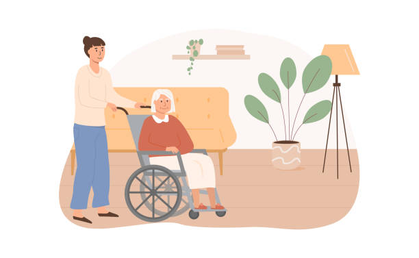 ilustrações de stock, clip art, desenhos animados e ícones de residential care facility. social worker taking care of disabled elderly person on wheelchair. old age woman living in senior house. home care services for retired people. vector flat illustration. - senior adult wheelchair community family